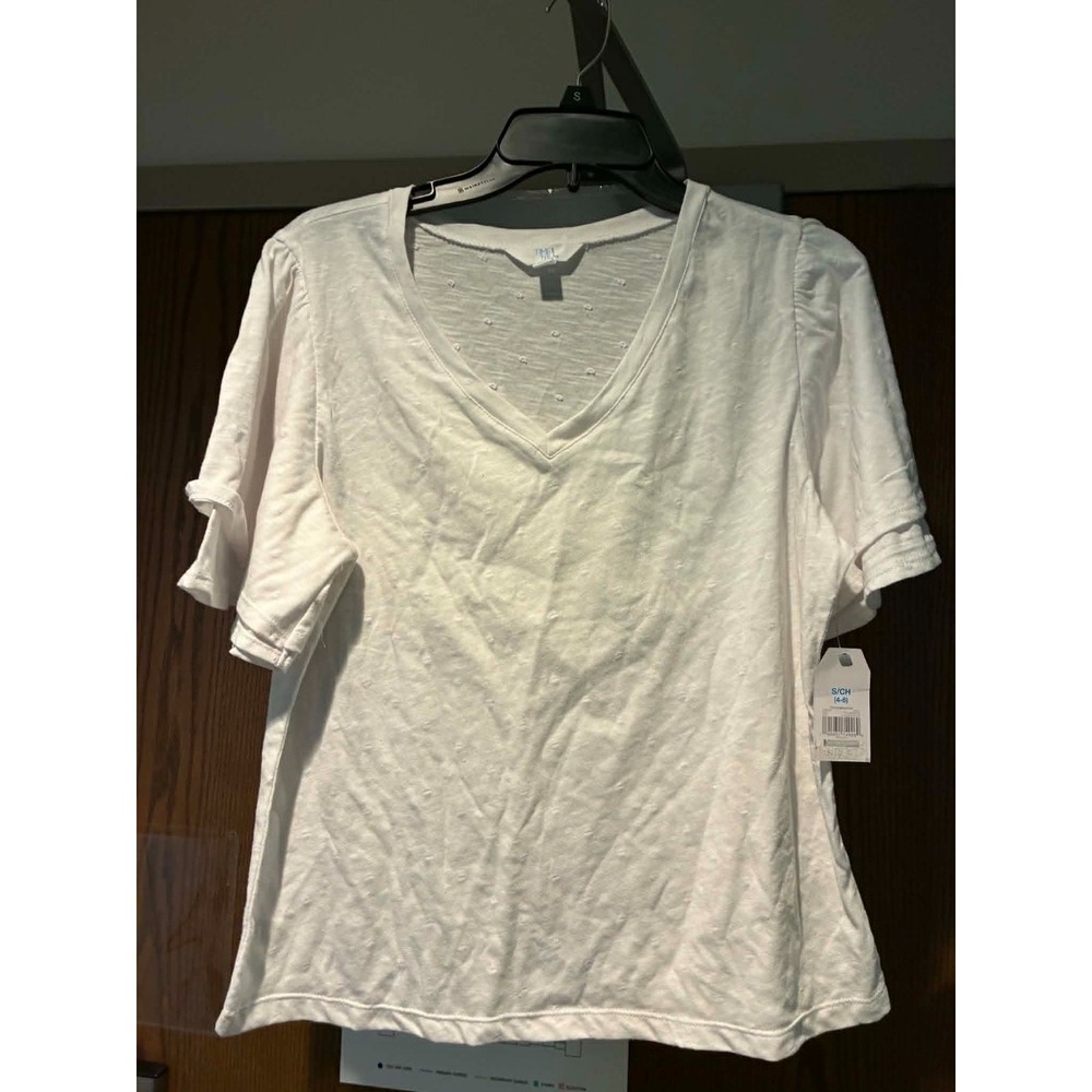 Time and Tru Womens White V-Neck Clipped Dot Flutter Sleeve Top S‎ 4-6